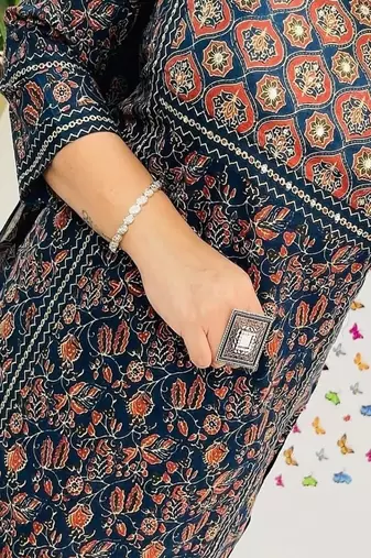 Floral embroidered round neck  cotton kurta trosuer & dupatta set