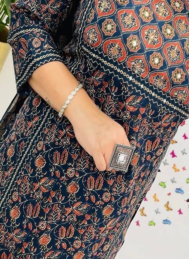 Floral embroidered round neck pure cotton kurta trosuer & dupatta set