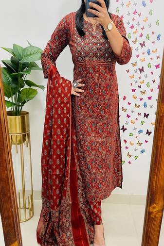 Floral embroidered round neck pure cotton kurta trosuer & dupatta set
