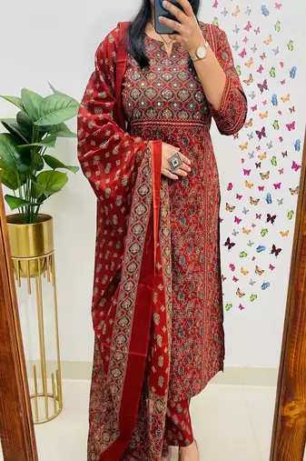 Floral embroidered round neck  cotton kurta trosuer & dupatta set