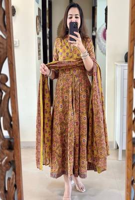 Floral embroidered round neck  cotton kurta trosuer & dupatta set 1