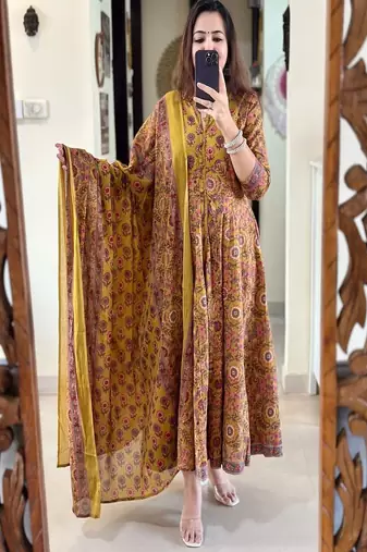 Floral embroidered round neck  cotton kurta trosuer & dupatta set