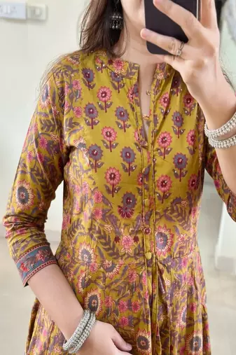 Floral embroidered round neck  cotton kurta trosuer & dupatta set