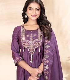 Purple Color multi-thread & sequence embroidery Hand Work Roman Silk Kurta pant Set