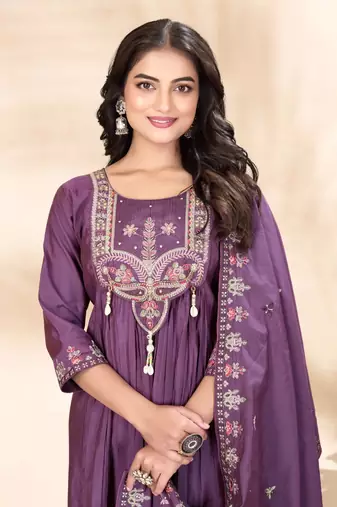 Purple Color multi-thread & sequence embroidery Hand Work Roman Silk Kurta Pent Set