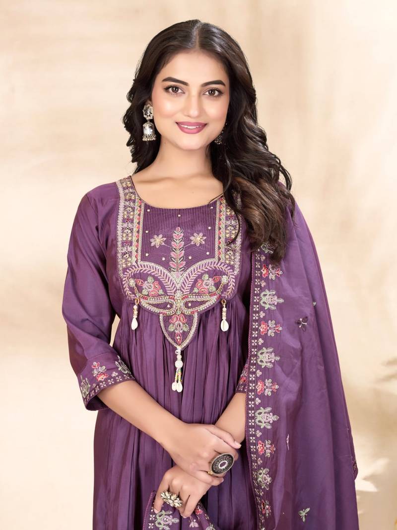 Purple Color multi-thread & sequence embroidery Hand Work Roman Silk Kurta pant Set