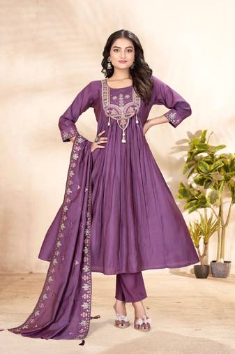 Purple Color multi-thread & sequence embroidery Hand Work Roman Silk Kurta pant Set