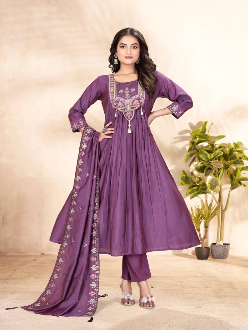 Purple Color multi-thread & sequence embroidery Hand Work Roman Silk Kurta pant Set