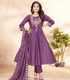 Purple Color multi-thread & sequence embroidery Hand Work Roman Silk Kurta Pent Set