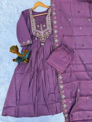 Purple Color multi-thread & sequence embroidery Hand Work Roman Silk Kurta Pent Set 3