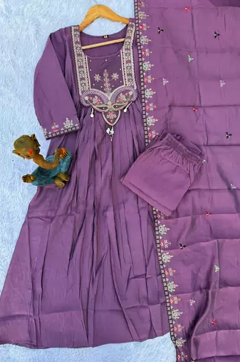 Purple Color multi-thread & sequence embroidery Hand Work Roman Silk Kurta Pent Set