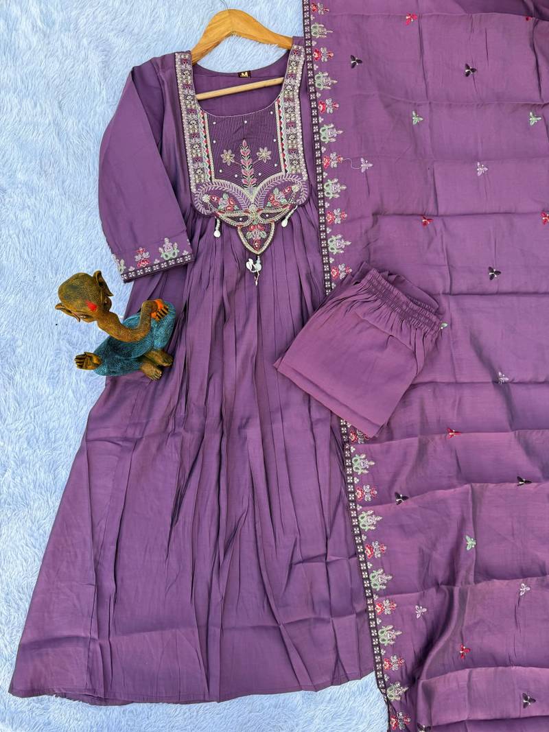 Purple Color multi-thread & sequence embroidery Hand Work Roman Silk Kurta pant Set
