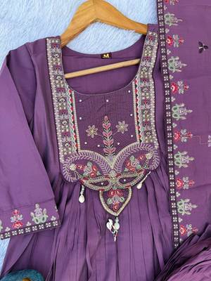Purple Color multi-thread & sequence embroidery Hand Work Roman Silk Kurta Pent Set 4