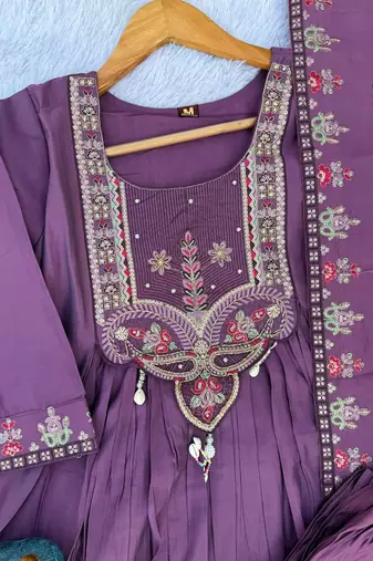 Purple Color multi-thread & sequence embroidery Hand Work Roman Silk Kurta Pent Set