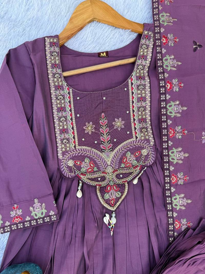 Purple Color multi-thread & sequence embroidery Hand Work Roman Silk Kurta pant Set