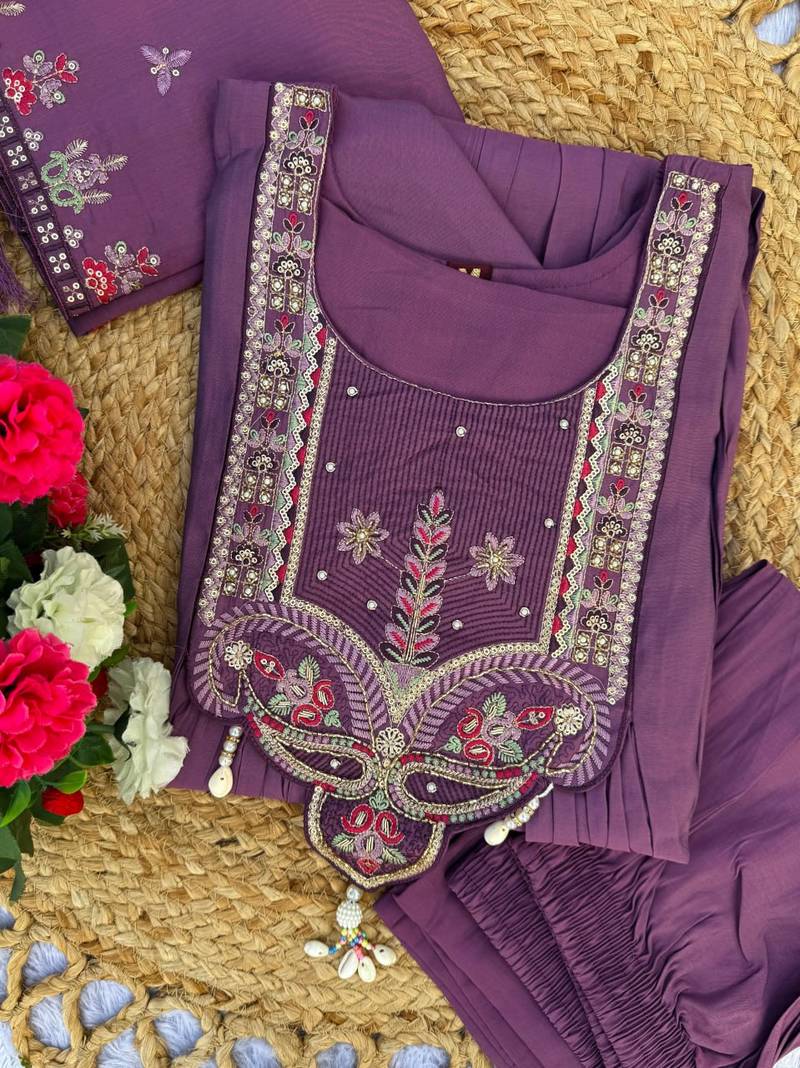 Purple Color multi-thread & sequence embroidery Hand Work Roman Silk Kurta pant Set