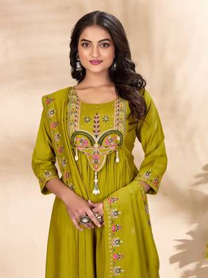 Olive Color multi-thread & sequence embroidery Hand Work Roman Silk Kurta Pent Set 2