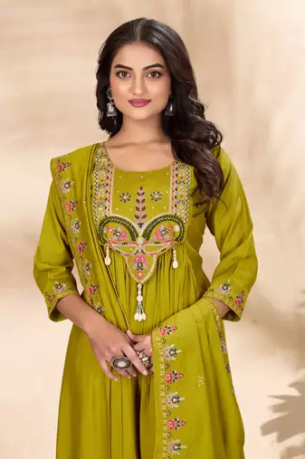 Olive Color multi-thread & sequence embroidery Hand Work Roman Silk Kurta Pent Set
