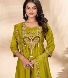 Olive Color multi-thread & sequence embroidery Hand Work Roman Silk Kurta pant Set