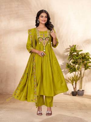 Olive Color multi-thread & sequence embroidery Hand Work Roman Silk Kurta Pent Set 1