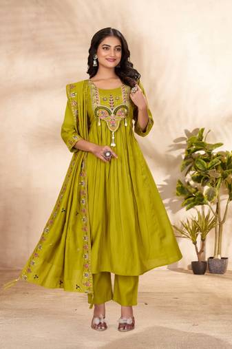 Olive Color multi-thread & sequence embroidery Hand Work Roman Silk Kurta pant Set