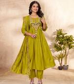 Olive Color multi-thread & sequence embroidery Hand Work Roman Silk Kurta pant Set