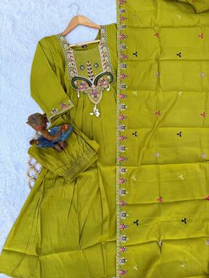 Olive Color multi-thread & sequence embroidery Hand Work Roman Silk Kurta Pent Set 3