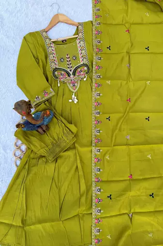 Olive Color multi-thread & sequence embroidery Hand Work Roman Silk Kurta Pent Set
