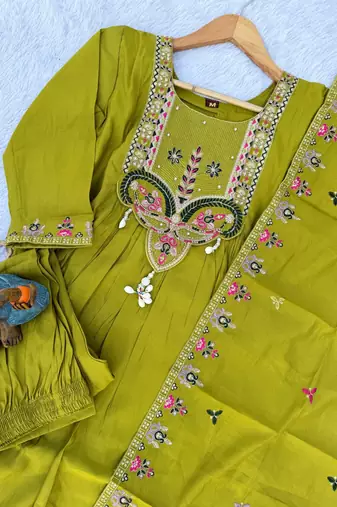 Olive Color multi-thread & sequence embroidery Hand Work Roman Silk Kurta Pent Set