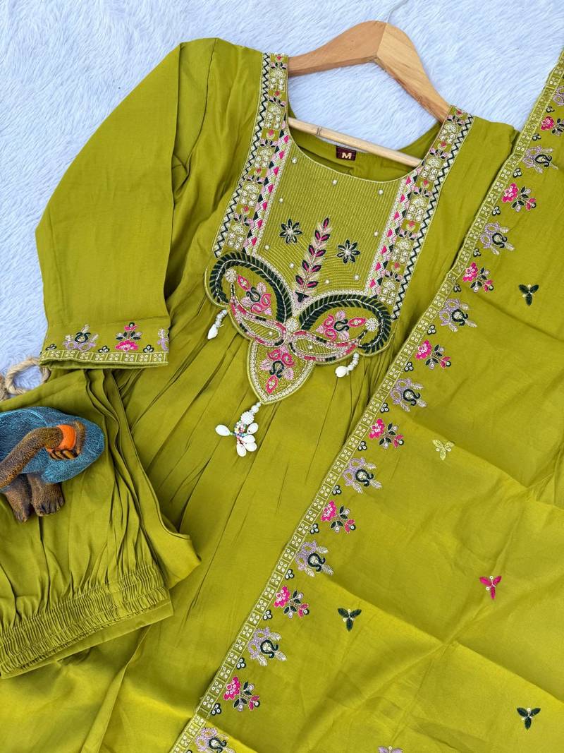 Olive Color multi-thread & sequence embroidery Hand Work Roman Silk Kurta pant Set