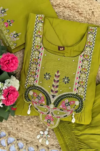 Olive Color multi-thread & sequence embroidery Hand Work Roman Silk Kurta Pent Set