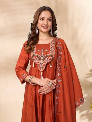 Orange Color multi-thread & sequence embroidery Hand Work Roman Silk Kurta Pent Set 2