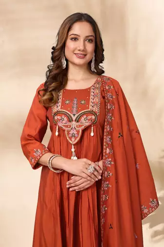 Orange Color multi-thread & sequence embroidery Hand Work Roman Silk Kurta Pent Set