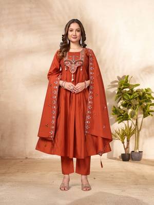 Orange Color multi-thread & sequence embroidery Hand Work Roman Silk Kurta Pent Set 1