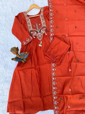 Orange Color multi-thread & sequence embroidery Hand Work Roman Silk Kurta Pent Set 3