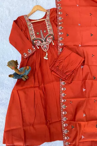 Orange Color multi-thread & sequence embroidery Hand Work Roman Silk Kurta Pent Set