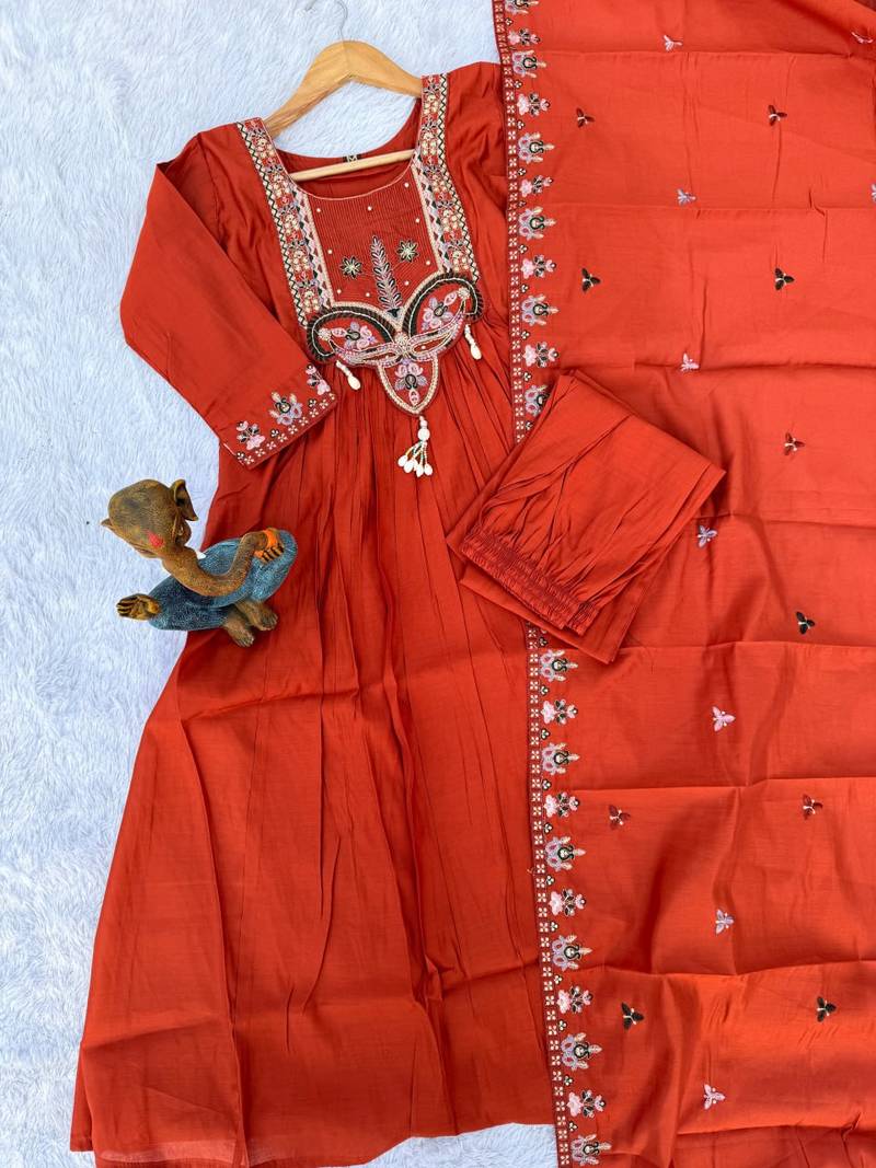 Orange Color multi-thread & sequence embroidery Hand Work Roman Silk Kurta pant Set