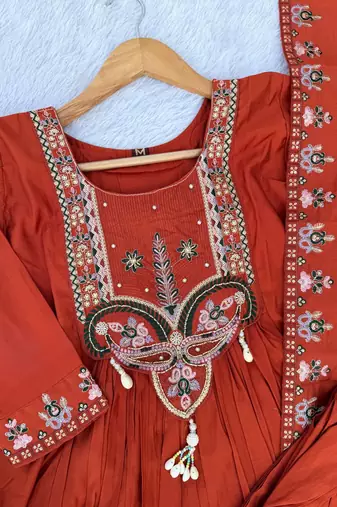 Orange Color multi-thread & sequence embroidery Hand Work Roman Silk Kurta Pent Set