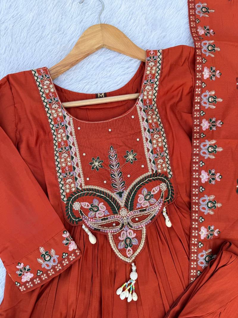 Orange Color multi-thread & sequence embroidery Hand Work Roman Silk Kurta pant Set