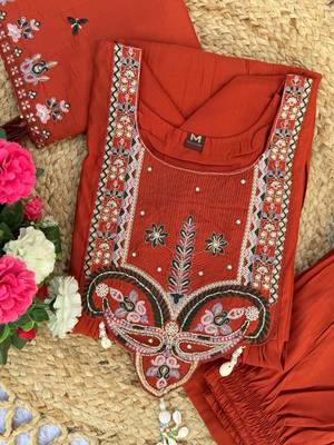 Orange Color multi-thread & sequence embroidery Hand Work Roman Silk Kurta Pent Set 5