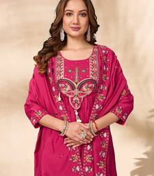 Rani Pink Color multi-thread & sequence embroidery Hand Work Roman Silk Kurta pant Set