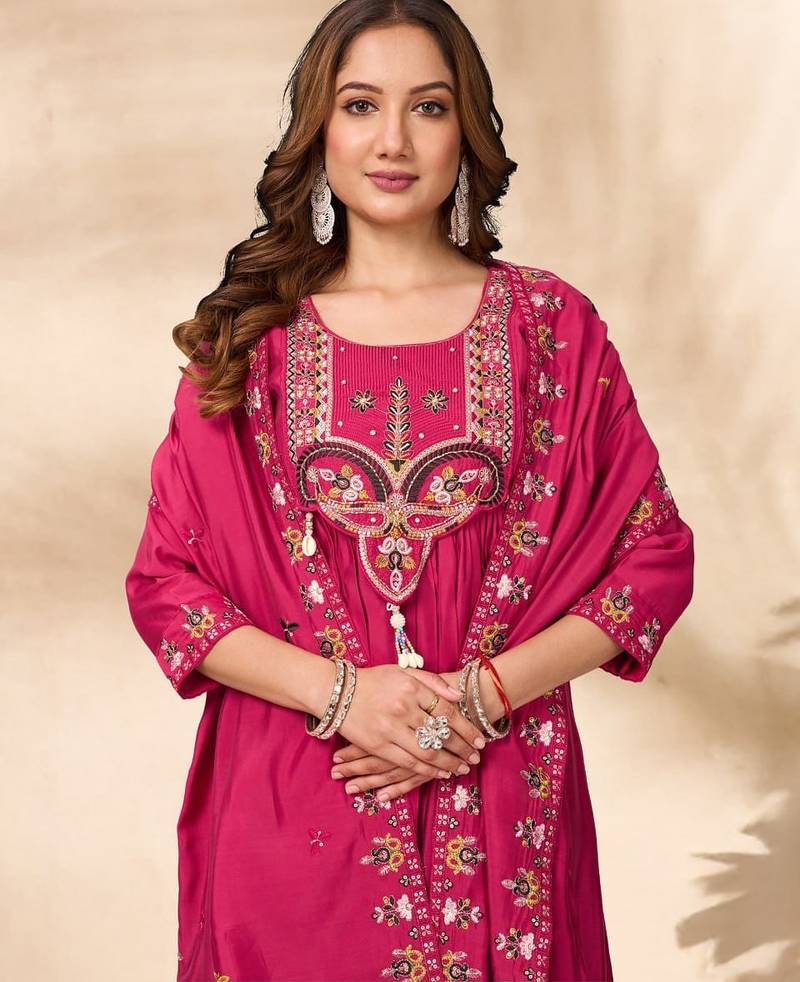 Rani Pink Color multi-thread & sequence embroidery Hand Work Roman Silk Kurta pant Set