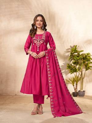 Rani Pink Color multi-thread & sequence embroidery Hand Work Roman Silk Kurta Pent Set 1