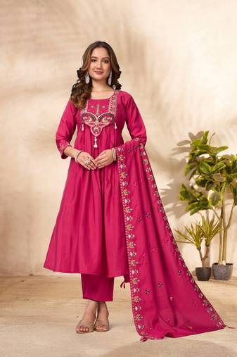 Rani Pink Color multi-thread & sequence embroidery Hand Work Roman Silk Kurta pant Set
