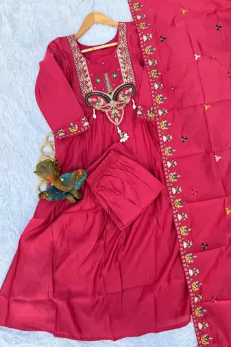 Rani Pink Color multi-thread & sequence embroidery Hand Work Roman Silk Kurta Pent Set