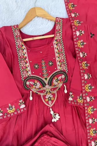 Rani Pink Color multi-thread & sequence embroidery Hand Work Roman Silk Kurta Pent Set