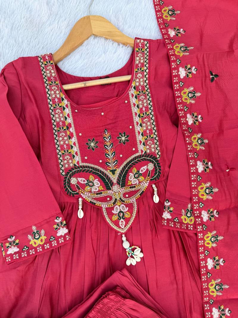 Rani Pink Color multi-thread & sequence embroidery Hand Work Roman Silk Kurta pant Set