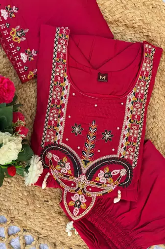 Rani Pink Color multi-thread & sequence embroidery Hand Work Roman Silk Kurta Pent Set