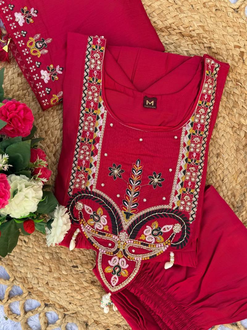 Rani Pink Color multi-thread & sequence embroidery Hand Work Roman Silk Kurta pant Set
