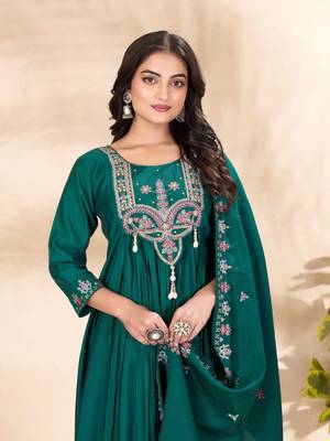 Teal Color multi-thread & sequence embroidery Hand Work Roman Silk Kurta Pent Set 2